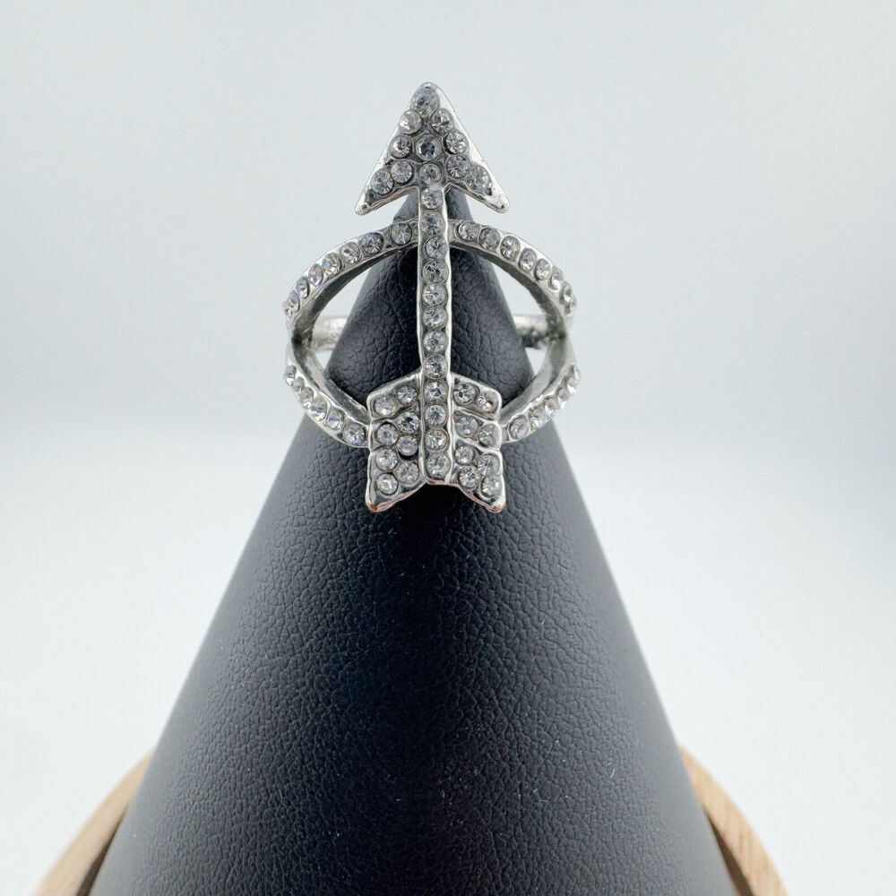 Vintage Arrow Rhinestone Ring Silver Tone Love Retro Glamour Direction